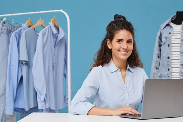 portrait young woman smiling while sitting table working laptop clothes shop 249974 3712 Fabriclean %separatorst lauundry in uae