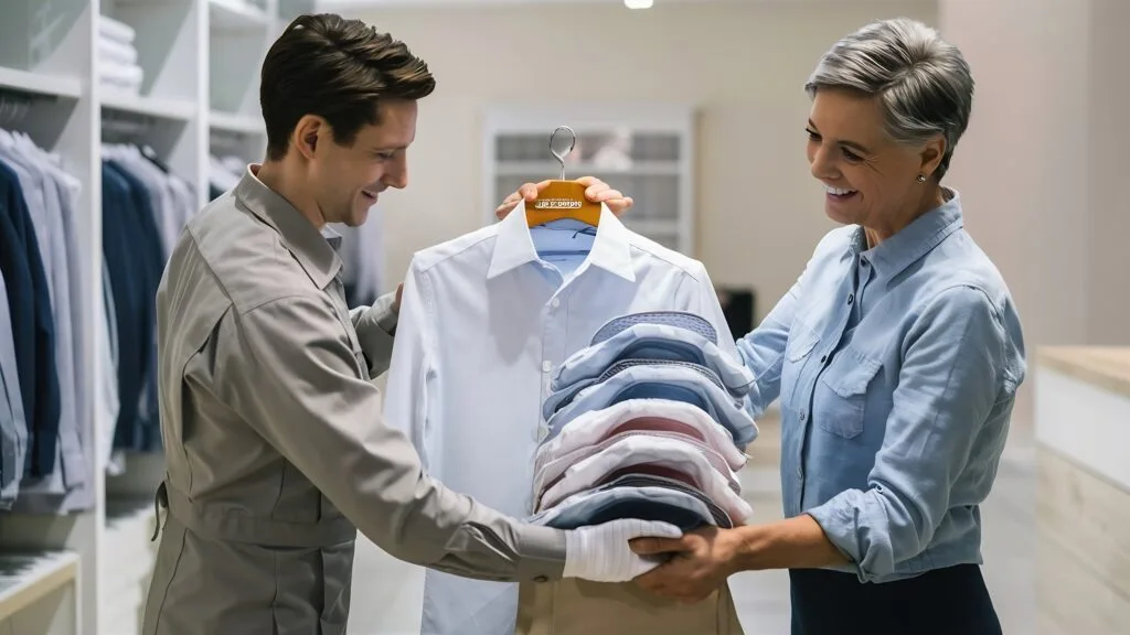 clothes dry cleaning service worker returning shirts customer scaled Fabriclean %separatorst lauundry in uae